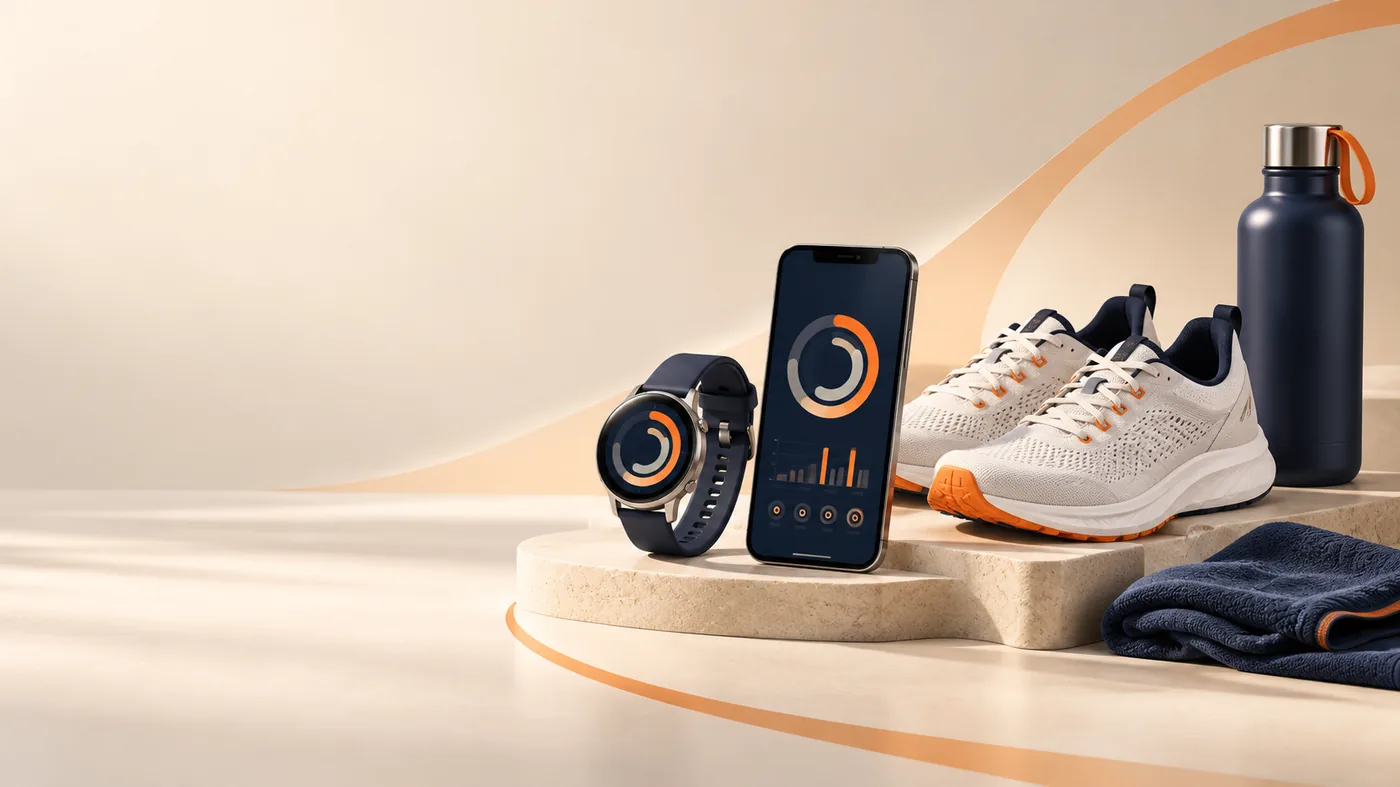 Smartwatch, smartphone, running shoes and water bottle representing everyday activity tracking